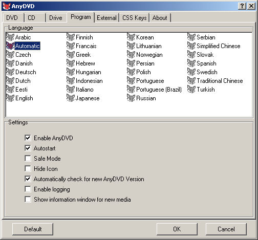 The Program Tab - where the Language AnyDVD runs in can be set, particularly useful if different from the Default Windows Language settings,